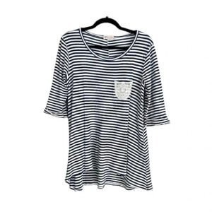 Tea N Rose Women's 3/4 Length Sleeve White & Navy Striped Top Size S GUC